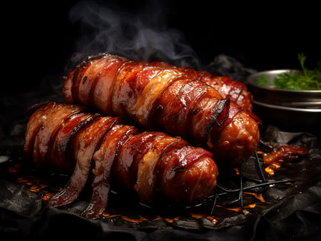 Grilled pork belly with sweet and sour sauce on a black backgroundの写真素材