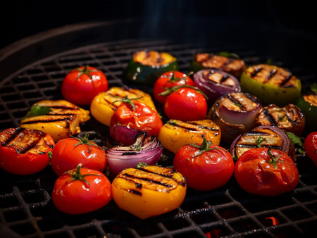 Grilled vegetables on a barbecue grill. Selective focus. Toned.