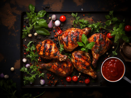 Grilled chicken legs with tomato sauce, herbs and spices on black backgroundの写真素材