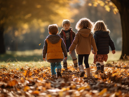 Group of children walking in autumn park on sunny day, back viewの写真素材