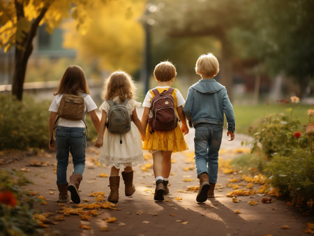 Back view of three kids walking in autumn park. Back to school conceptの写真素材