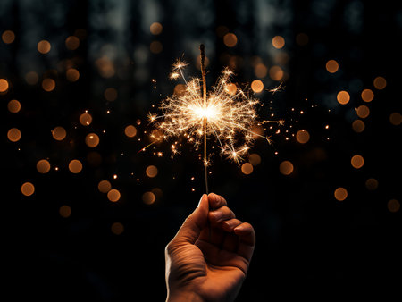 Hand holding sparkler on bokeh background. New Year concept