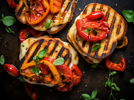 Grilled eggplant, bell pepper, tomato and mozzarella on black backgroundの写真素材