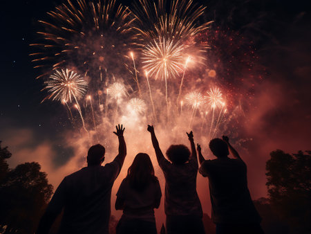 Silhouette of group of friends watching fireworks in the night skyの写真素材