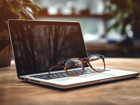 Laptop and glasses on wooden table in office. Business and education conceptの写真素材