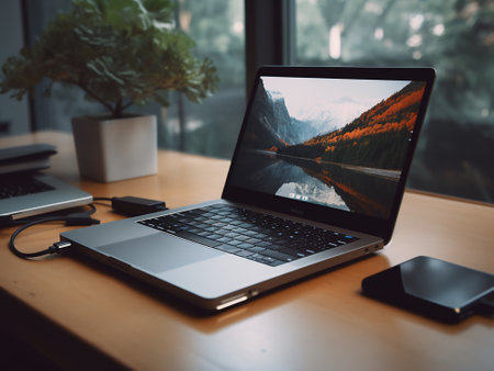 laptop computer on wooden table in office with blur nature background.の写真素材