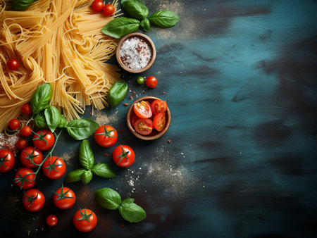 Italian food background. Pasta with tomatoes, basil and spices on dark blue background. Top view.の写真素材