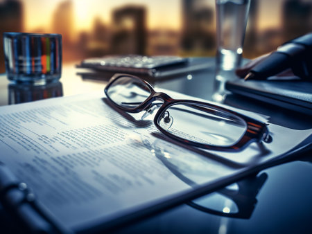 Glasses on the table in the office. Business background. Toned.の写真素材
