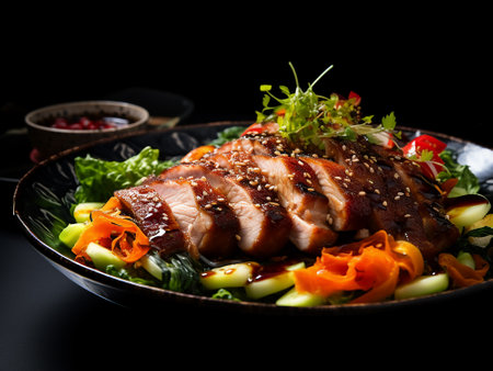 Salad with sliced roast duck and vegetables on a black background.の写真素材