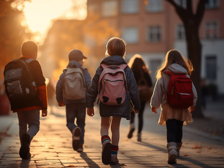 Back view of school kids with backpacks and backpacks walking on the street at sunsetの写真素材