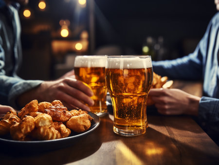 people, leisure, drinks and friendship concept - close up of male friends drinking beer at bar or pubの写真素材