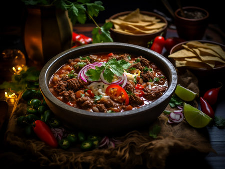 Traditional Mexican chili con carne with meat and vegetables.の写真素材