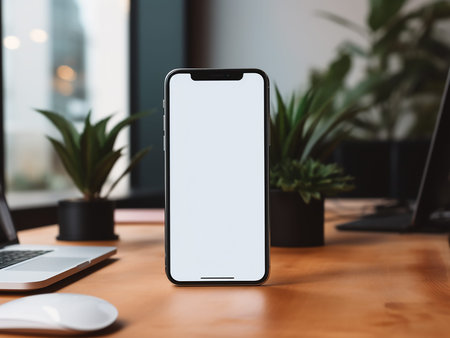 Mockup image of smartphone with blank white screen on wooden desktop in modern office