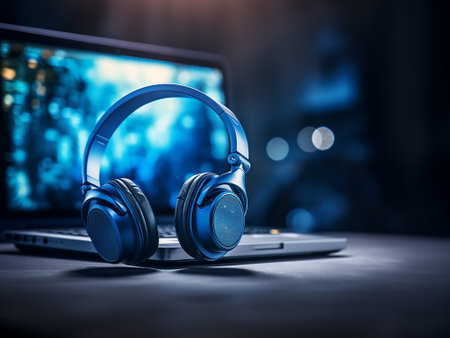 Headphones and laptop on dark background. Music concept. 3D Renderingの写真素材