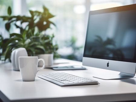 Close up of modern workplace with computer, coffee cup and other items