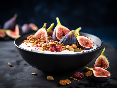 Granola with yogurt, fresh figs and nuts on black backgroundの写真素材