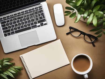 Top view of modern workspace with laptop, coffee cup and notebook on brown background