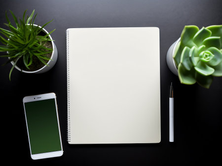 Office desk table with blank notebook, smartphone and succulent plant.の写真素材