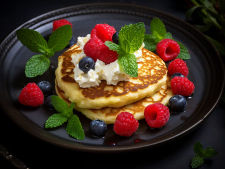 Pancakes with fresh raspberries, blueberries and cottage cheeseの写真素材