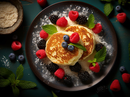 Pancakes with berries and whipped cream on a dark background.の写真素材