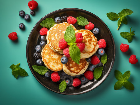 Pancakes with raspberries, blueberries and mint on a green backgroundの写真素材
