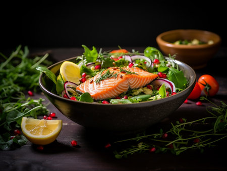 Salmon salad with arugula and pomegranate seedsの写真素材