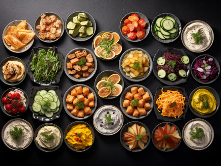 Variety of appetizers in bowls on black background, top viewの写真素材