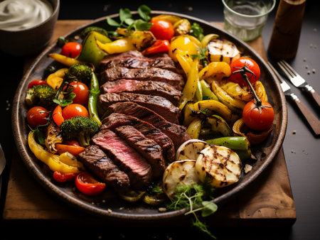 Grilled beef steak with vegetables on wooden board. Toned.の写真素材