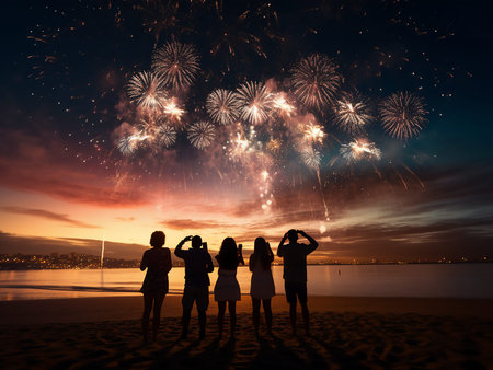 Silhouette of a group of young people watching the fireworks at the beach
