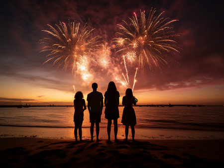 Silhouette of happy family watching fireworks on the beach at sunsetの写真素材