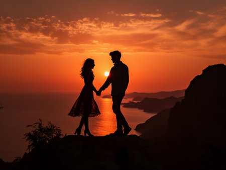 Silhouette of a loving couple on the background of the setting sunの写真素材