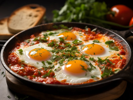Shakshuka with fried eggs and parsley in a frying panの写真素材