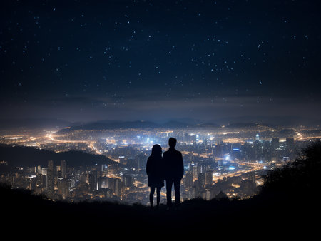 Silhouette of couple looking at night city and starry skyの写真素材