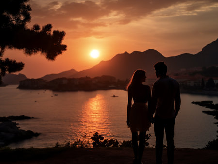 Silhouette of a young couple looking at the sunset over the seaの写真素材