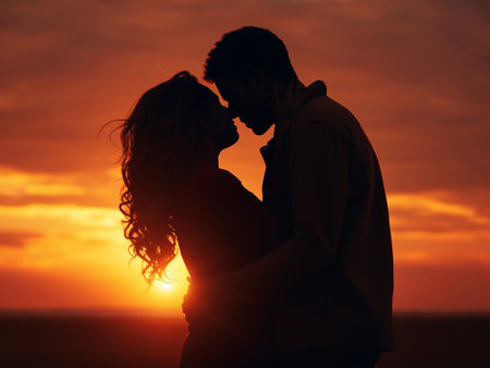 Silhouette of a romantic couple embracing on the beach at sunsetの写真素材