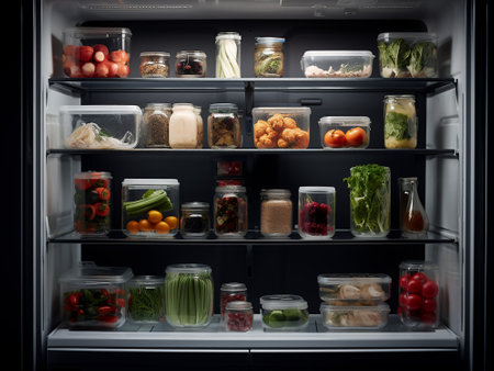 Refrigerator full of food, vegetables and fruits, closeupの写真素材