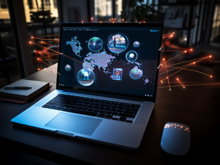 Laptop screen with global network connection concept. 3D Renderingの写真素材