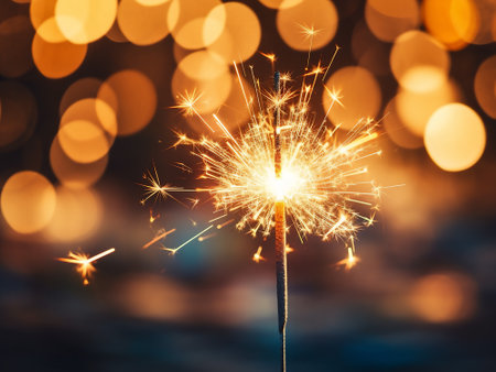 Burning sparkler on bokeh background. New year celebrationの写真素材
