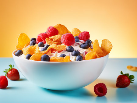 bowl of cornflakes with fresh berries and yogurt on colorful backgroundの写真素材
