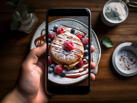 Taking a photo of pancakes with smart phone, concept of homemade food
