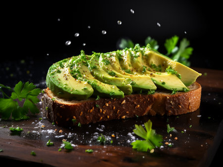 Avocado toast with parsley and sesame seeds on black backgroundの写真素材
