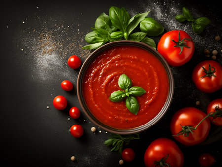 Tomato sauce with basil and spices on a dark background. Top view.の写真素材