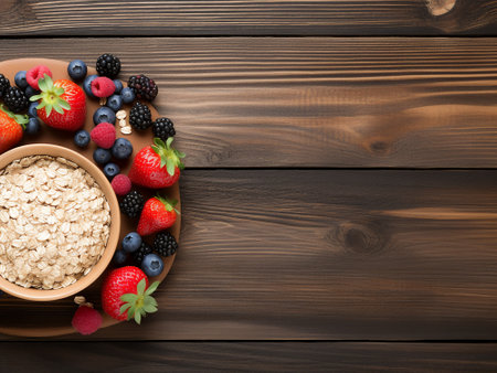 Bowl of oatmeal with berries on wooden table. Top view with copy spaceの写真素材