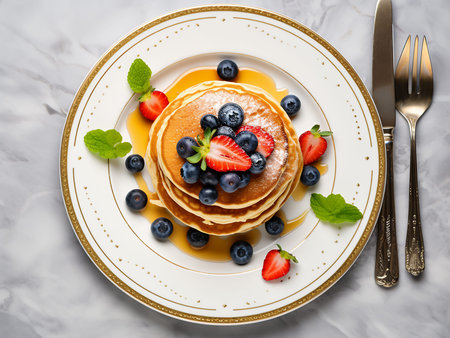 Plate with tasty pancakes and berriesle table, top view