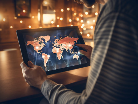 Man using tablet with world map on screen. Global business concept.