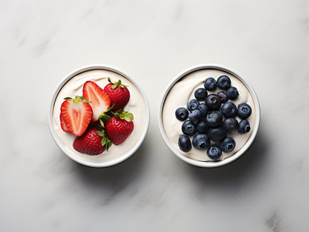 Bowls with tasty yogurt and berriesle table, top viewの写真素材