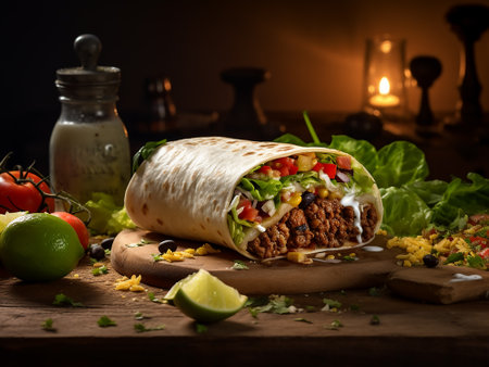Tortilla wrap with meat and vegetables on wooden table. Mexican cuisineの写真素材