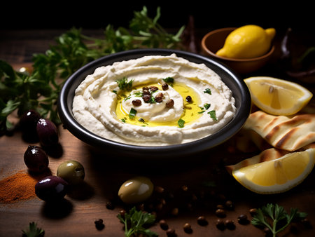 Bowl of hummus with olive oil, lemon and parsleyの写真素材
