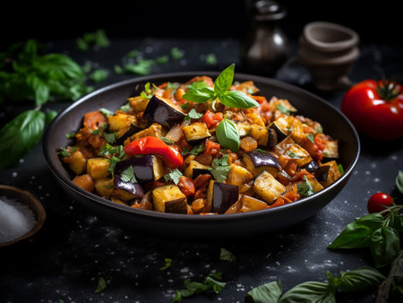 Vegetable ratatouille with eggplant, zucchini, tomato and basilの写真素材