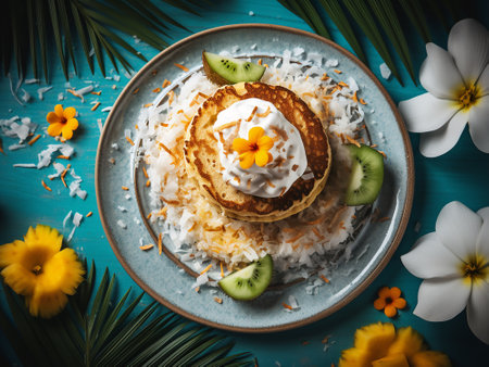 Tasty pancakes with whipped cream and kiwi on blue backgroundの写真素材